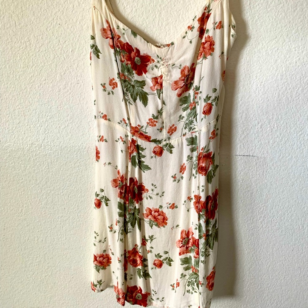 Reformation Cream Floral Mini Dress with Red & Green Print
